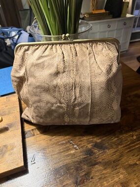 HOBO Taupe Snake-Embossed Frame Clutch
